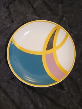 At Home Geometric Abstract Plates Set of 5 Teal Pink Yellow Waves Mid Century 6"